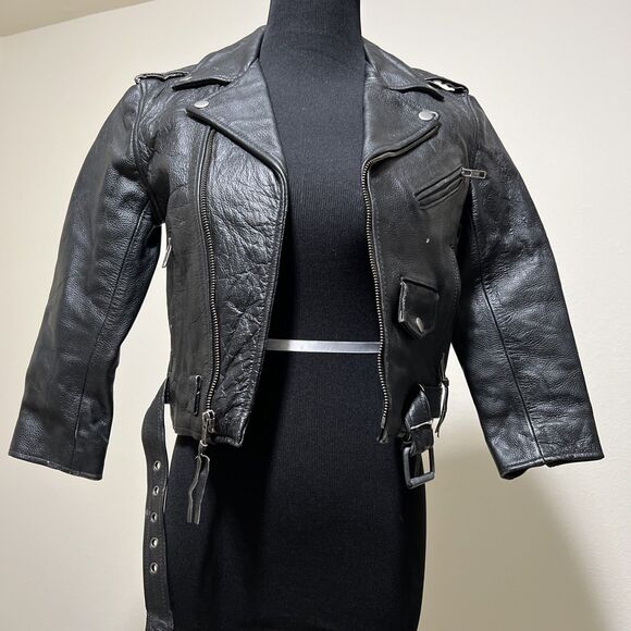 VINTAGE FMC Cropped Black Leather Moto Motorcycle Jacket Sz 10 Biker 90s Y2K - Picture 1 of 16